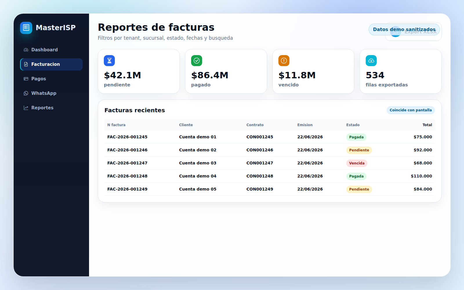 Reporte de facturas MasterISP con exportacion y filtros