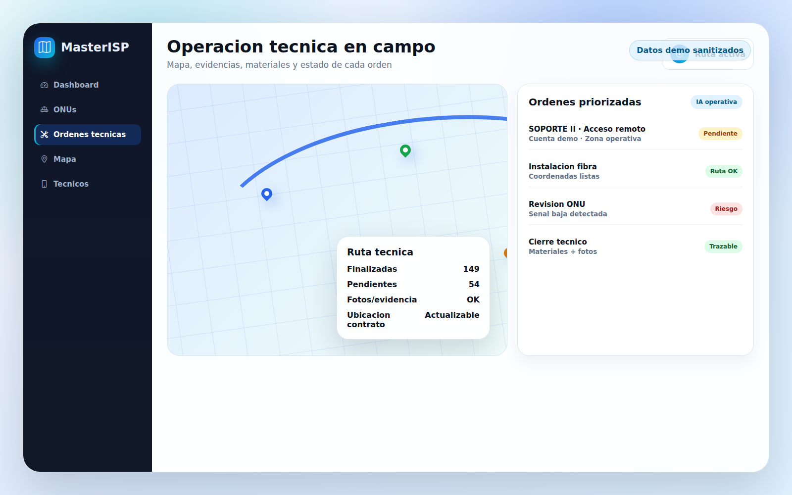 Mapa tecnico MasterISP con rutas, ordenes y evidencias